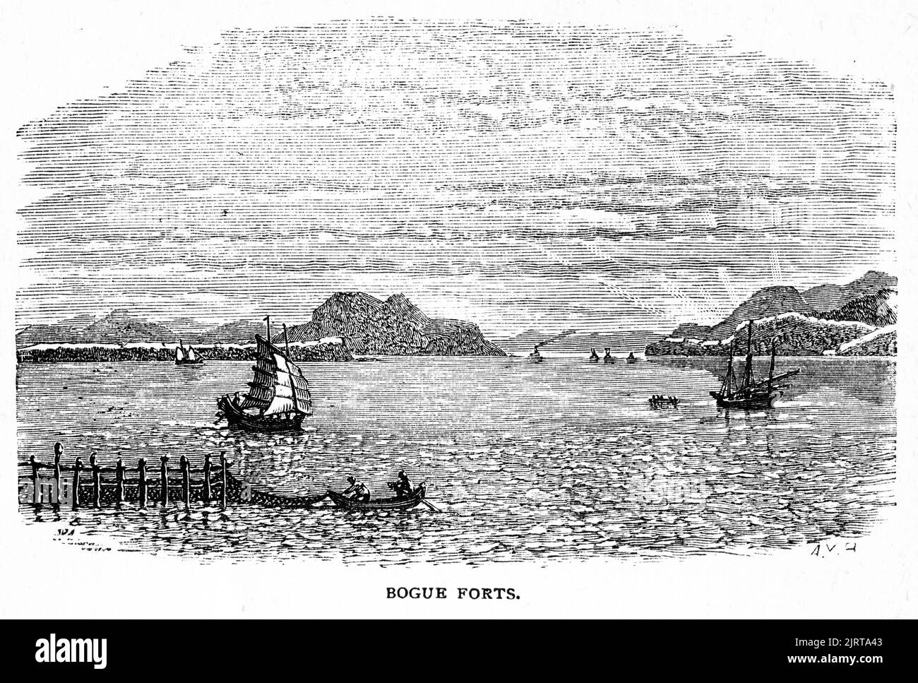 Gravure du Humen, aussi Bocca Tigris ou Bogue, un détroit étroit dans le delta de la rivière des perles qui sépare Shiziyang au nord et Lingdingyang au sud près de la ville de Humen dans la province chinoise de Guangdong. D'Un voyage dans le Sunbeam par la baronne Anna 'Annie' Brassey (1839 – 1887), publié 1878 Banque D'Images