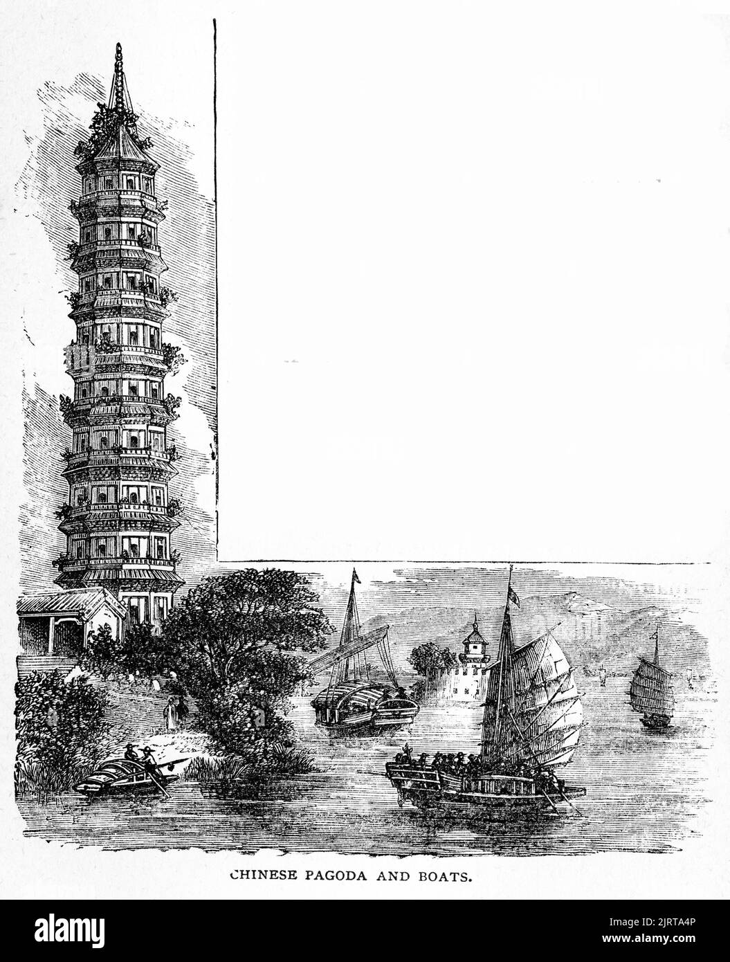 Gravure de pagode et de bateaux chinois, d'Un voyage dans le Sunbeam par la baronne Anna 'Annie' Brassey (1839 – 1887), publié en 1878 Banque D'Images