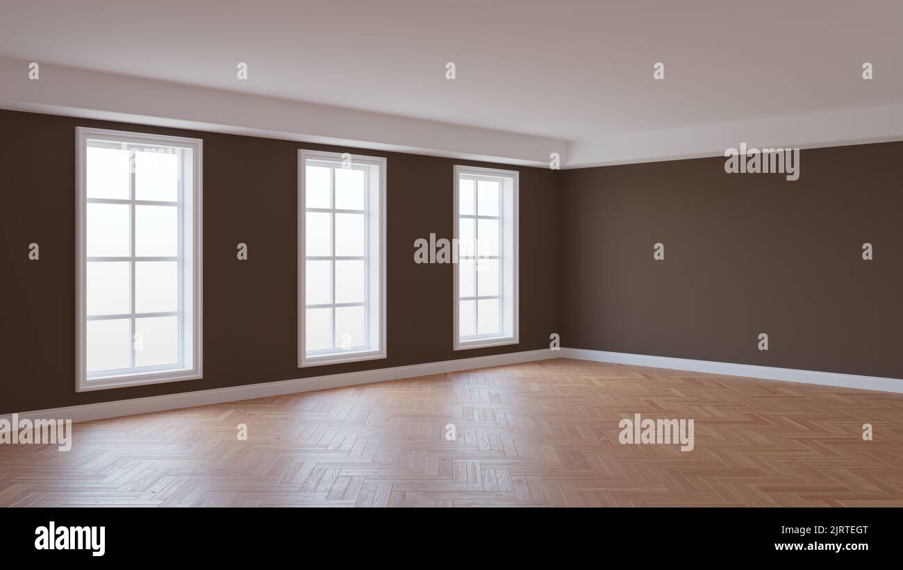 Magnifique coin intérieur marron avec parquet brillant à chevrons, trois grandes fenêtres et un plinthes blanc. Concept de chambre vide. 3D illustration, 8K Ultra HD, 7680 x 4320, 300 dpi Banque D'Images