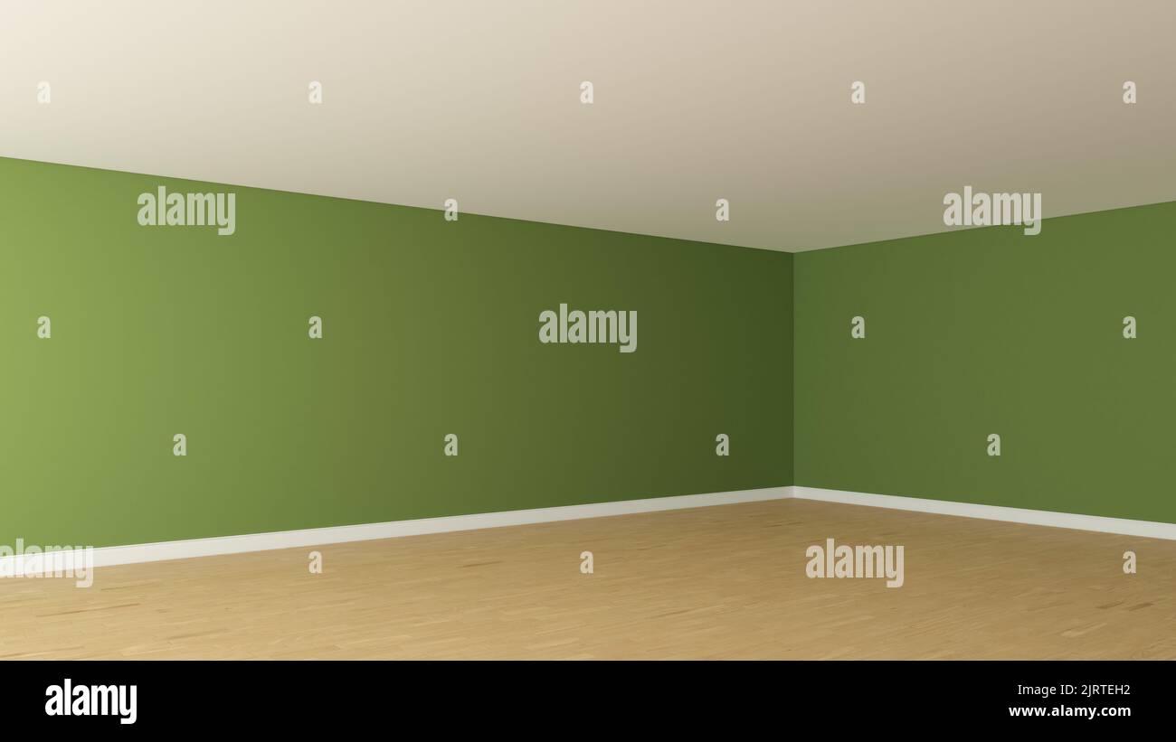 Magnifique coin de la salle verte avec plafond blanc, parquet clair et un Plinth blanc. Concept intérieur vide non meublé. Vue en perspective. Rendu 3D, Ultra HD 8K, 7680x4320, 300 dpi Banque D'Images