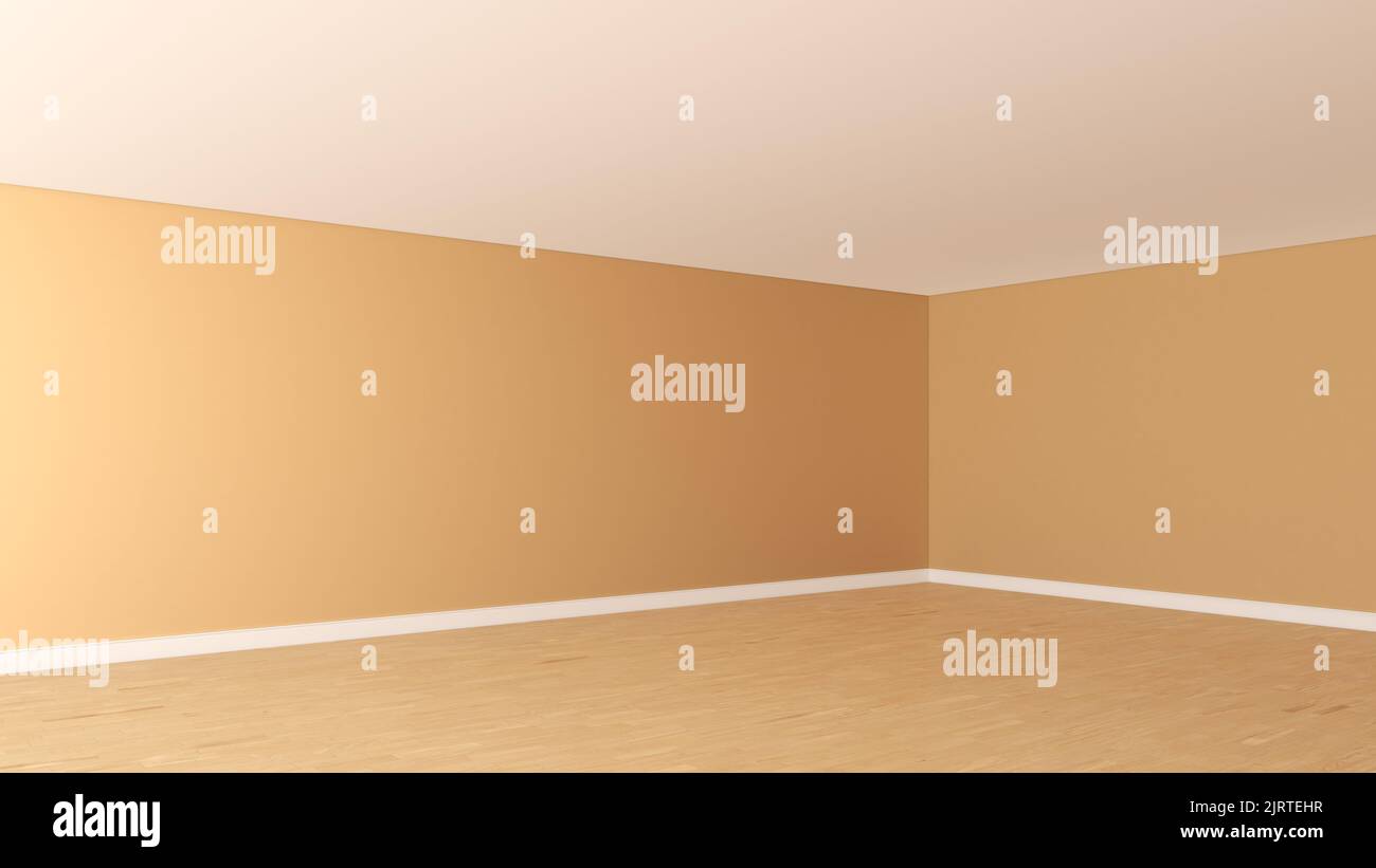 Magnifique coin chambre beige avec plafond blanc, parquet clair et Plinth blanc. Concept intérieur vide non meublé. Vue en perspective. Rendu 3D, Ultra HD 8K, 7680x4320, 300 dpi Banque D'Images