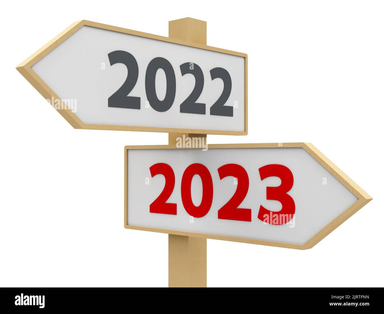 La signalisation routière avec changement 2022-2023 sur fond blanc représente la nouvelle année 2023, rendu tridimensionnel, illustration 3D Banque D'Images