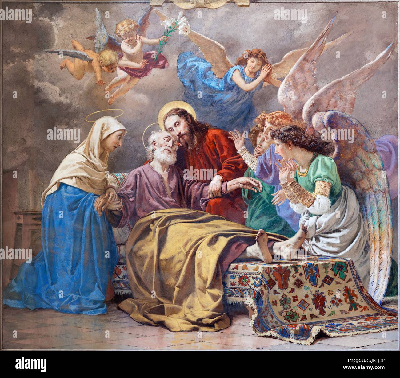 VARALLO, ITALIE - 17 JUILLET 2022 : la fresque de la mort de Saint-Joseph dans l'église Basilica del Sacro Monte par P. G. Gilardi (1881). Banque D'Images