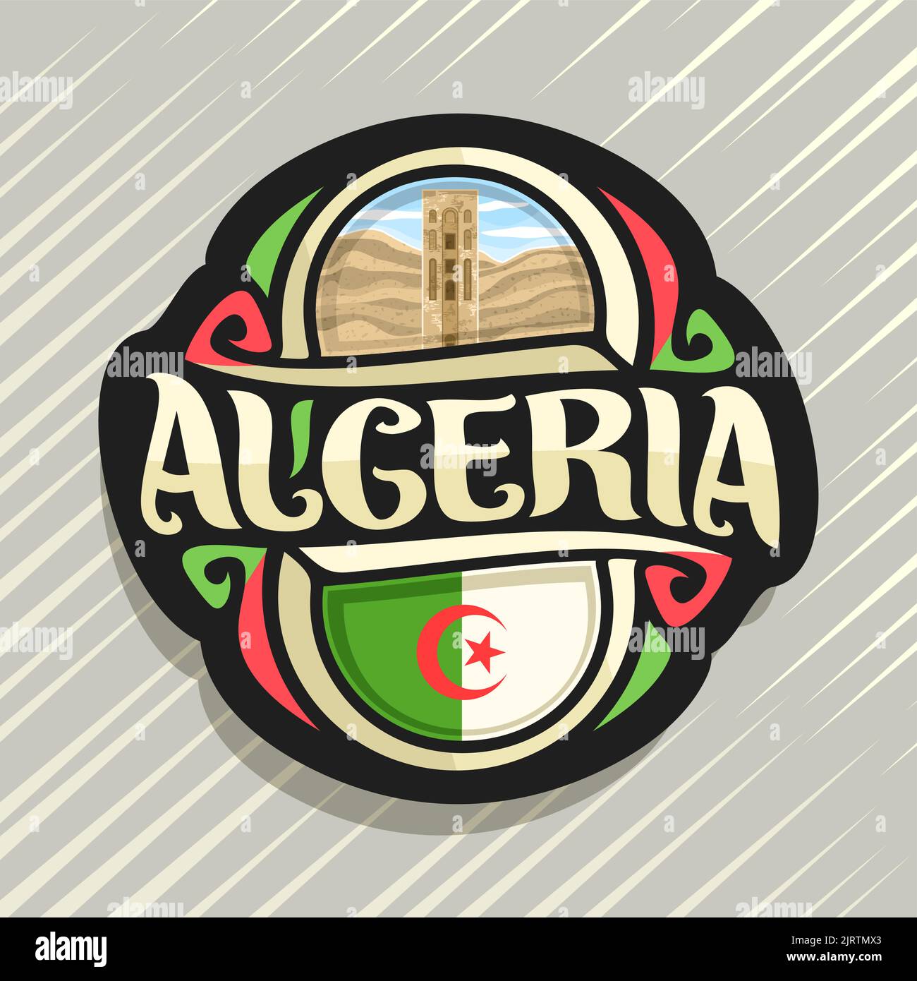 Logo Vector pour République de l'Algérie, aimant frigo avec l'État algérien d'origine, pavillon de caractère brosse pour mot l'Algérie et symbole national algérien - s Illustration de Vecteur