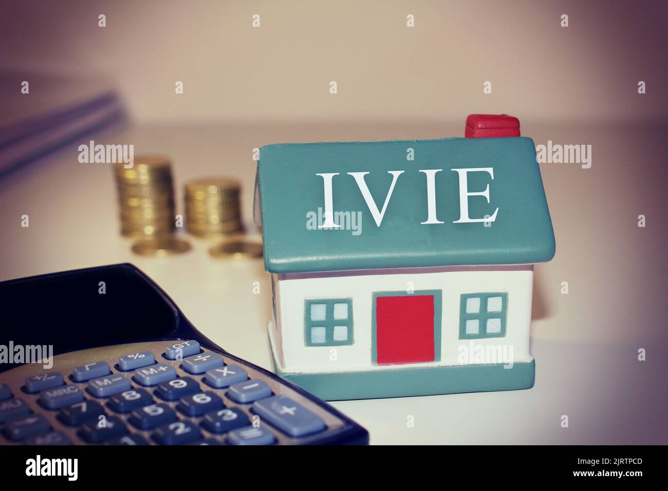 Maison avec le texte 'Ivie' nouvelle taxe italienne pour les propriétaires de maisons. Banque D'Images