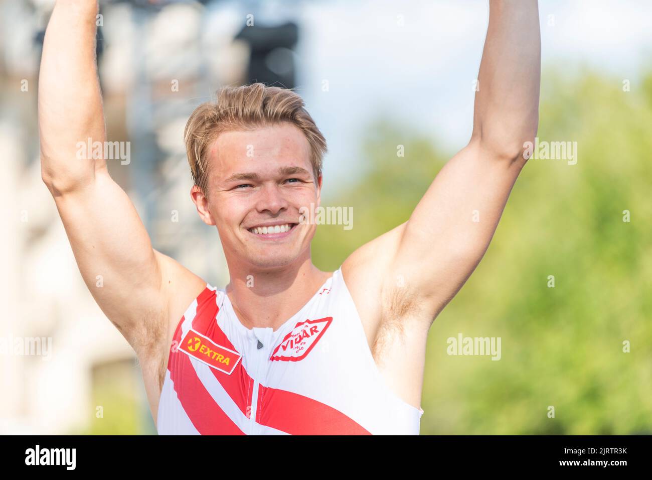 Lausanne, Suisse. 08th mai 2022. Sondre Guttorsen, de Norvège, célèbre lors de la compétition de saut à la City Event du Grand-Prix Athletissima Wanda Diamond League à Lausanne en 2022. (Photo par Eric Dubost/Pacific Press) crédit: Pacific Press Media production Corp./Alay Live News Banque D'Images