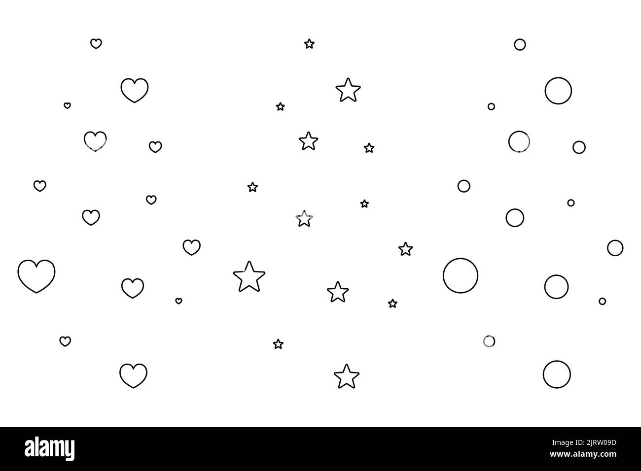 Cœurs, étoiles et bulles. Ensemble d'éléments vectoriels en hausse. Esquisses de symboles d'amour, de corps célestes et de balles rondes. Livre de coloriage. Illustration de Vecteur
