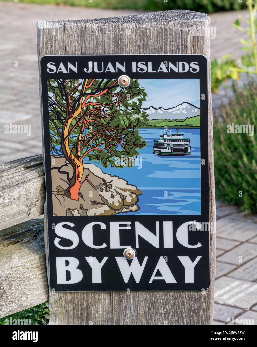 Washington, îles San Juan, île Orcas, village Eastsound, panneau Scenic by Way Banque D'Images