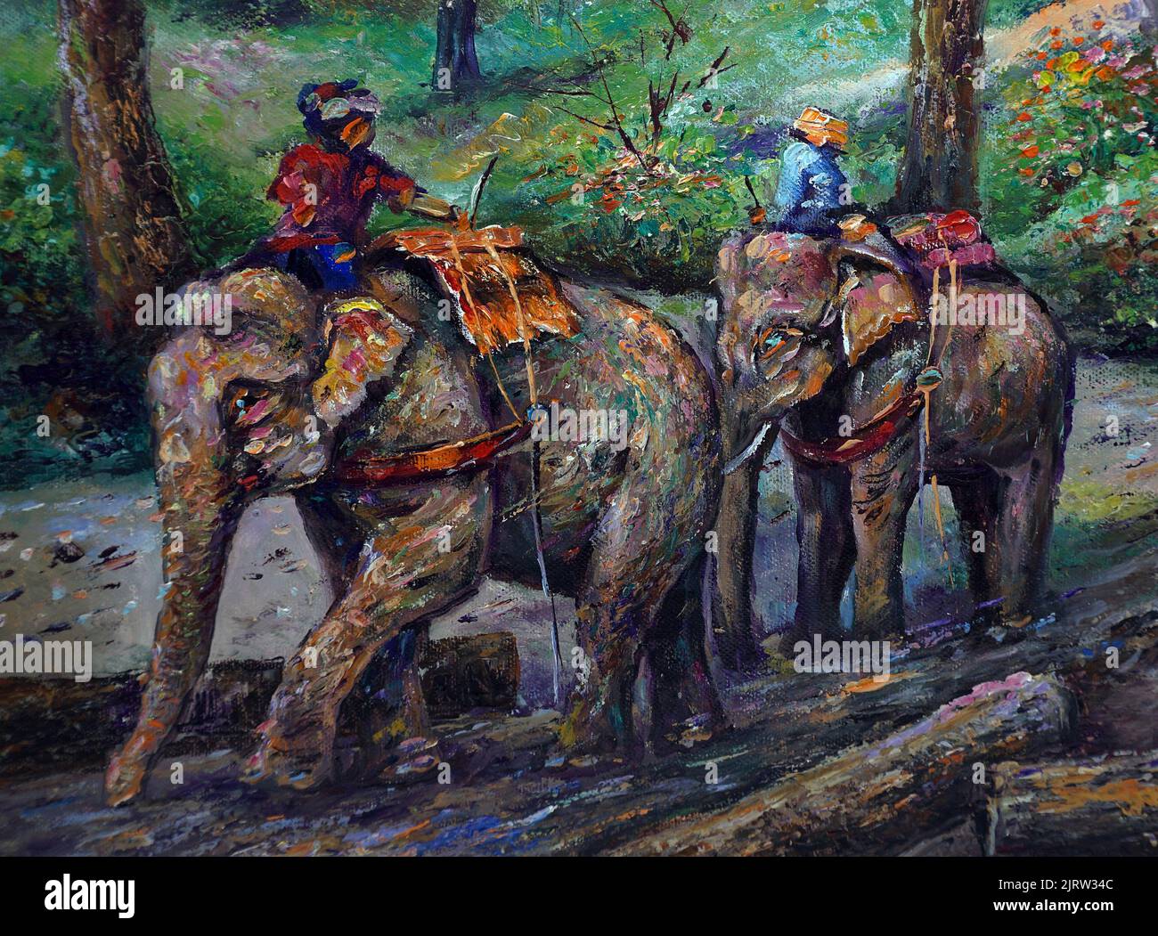 Peinture d'art couleur de l'huile famille des éléphants en forêt Banque D'Images
