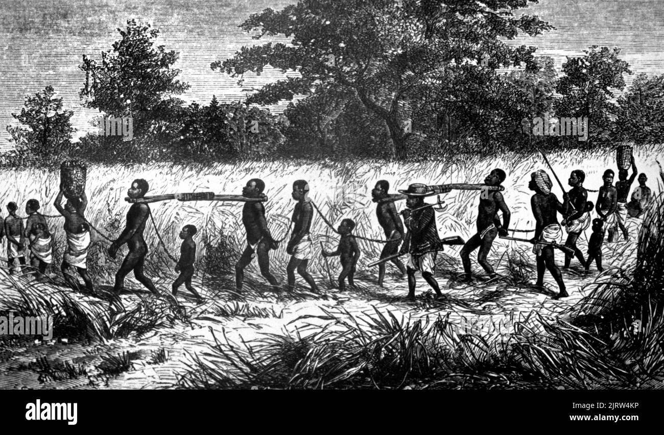 Illustration en noir et blanc du commerce des esclaves en Afrique Banque D'Images