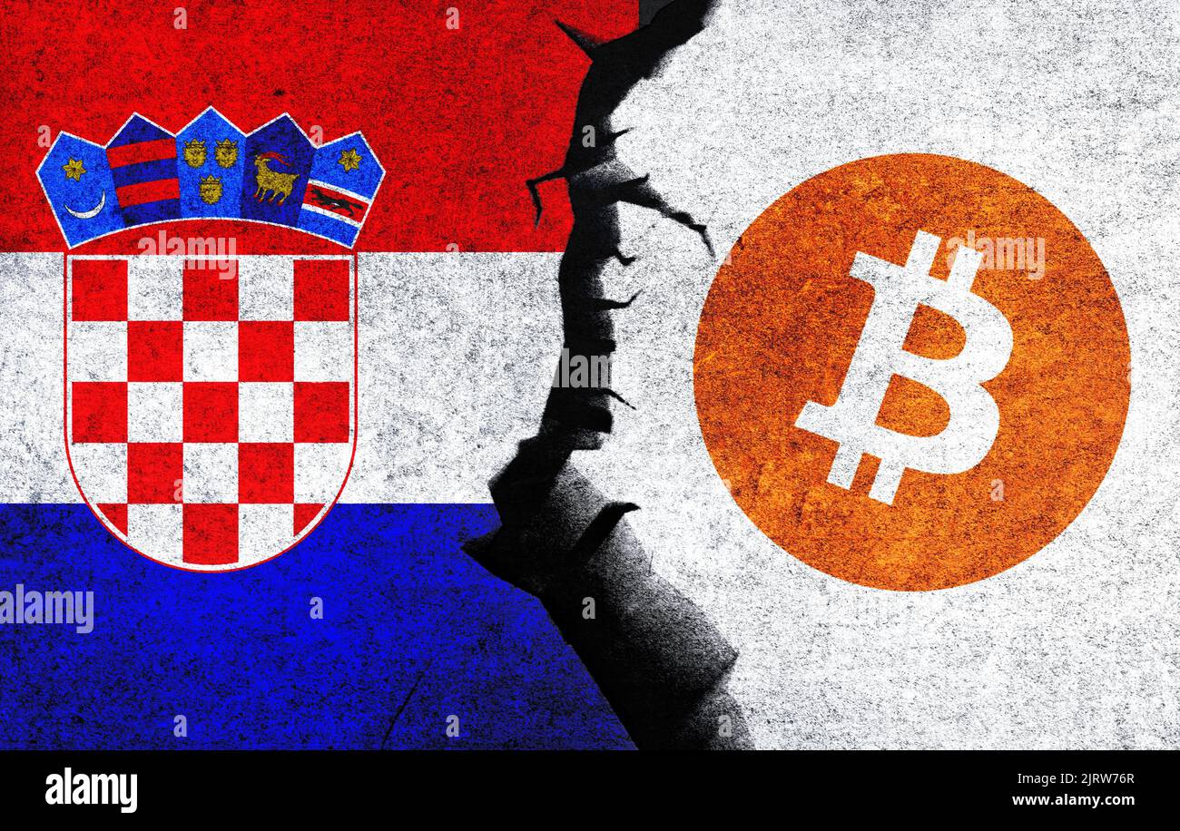 Le Bitcoin et le drapeau de Croatie sur un mur avec une fissure. Croatie Bitcoin bannis, exploitation minière, illégale, technologie de blockchain pour le concept de crypto-monnaie Banque D'Images