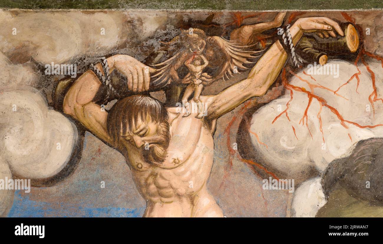 BIELLA, ITALIE - 15 JUILLET 2022 : détail du voleur impénitent comme partie de la fresque Crucifixion dans l'église Chiesa di San Sebastiano Banque D'Images