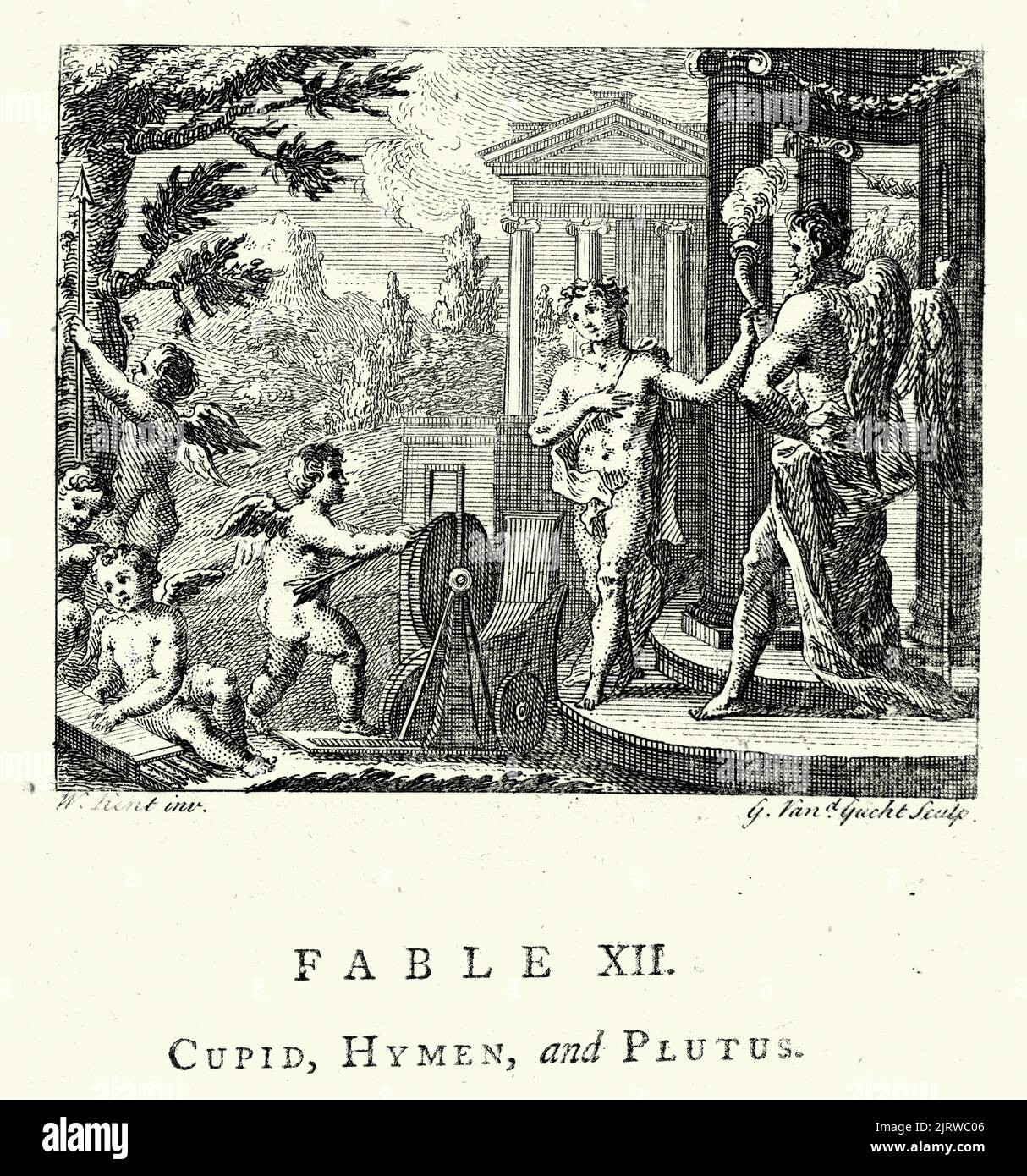 Gravure vintage Cupid, hymen et Plutus, des Fables de John gay 18th siècle Banque D'Images