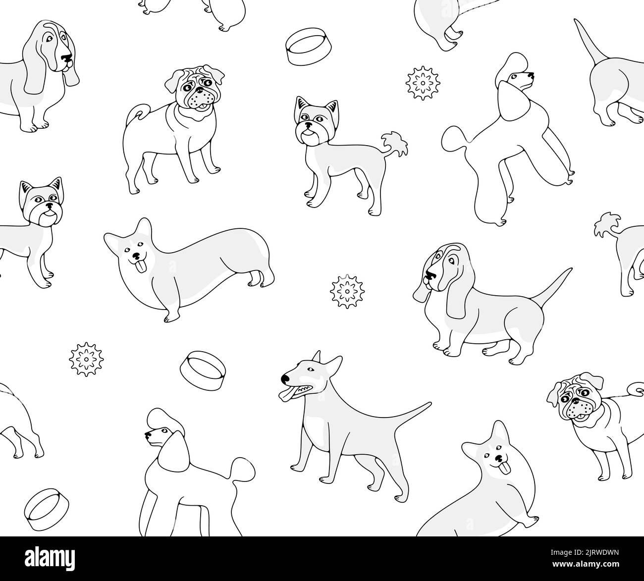 Chien races, caniche, pug et Yorkshire terrier, fond vectoriel sans couture dans le contour. Animaux, animaux de compagnie, chien de basset, corgi gallois et taureau miniature terri Illustration de Vecteur