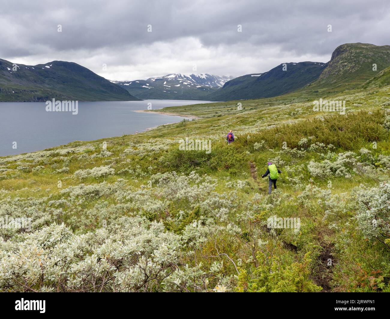 Trekking le long du lac Bygdin de Torfinnsbu vers Eidsbugarden dans le parc national de Jotunheimen Norvège Banque D'Images