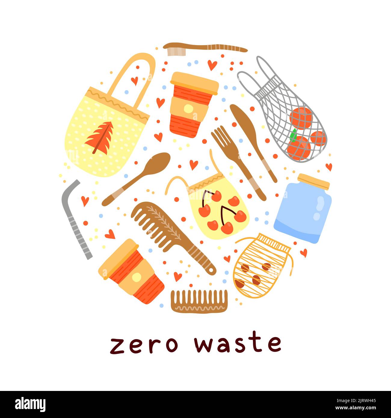 Dooodle icônes écologiques colorées en forme de cercle. Concept de zéro perte de vie. Illustration de Vecteur