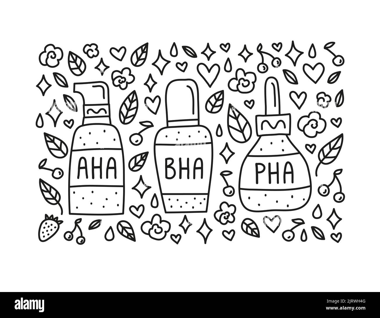 Doodle aha, bha, pha dans des bouteilles cosmétiques et des éléments décoratifs autour isolés sur fond blanc. Illustration de Vecteur