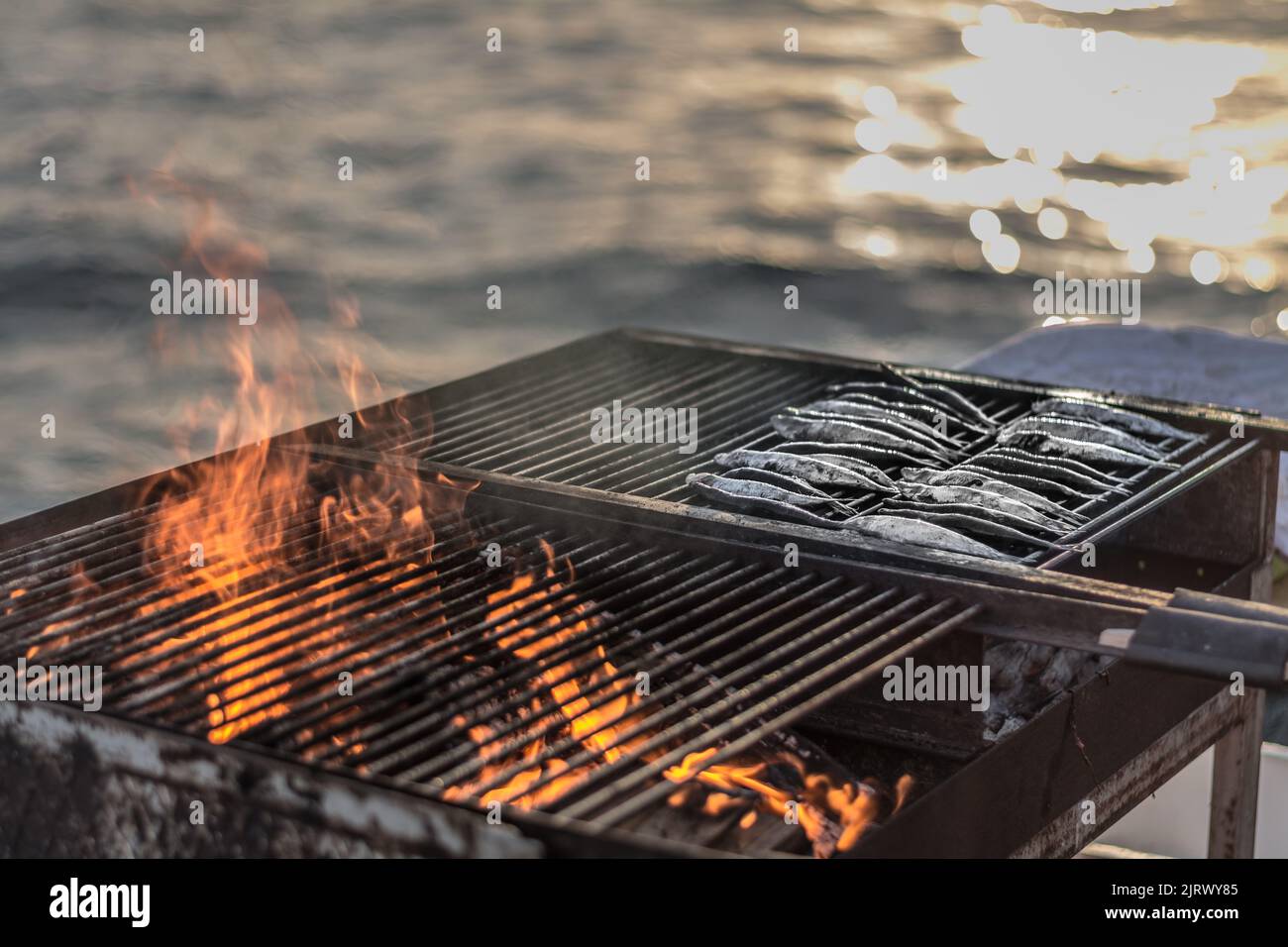 Poisson sardine grillé sur un feu de barbecue avec la mer en arrière-plan Banque D'Images