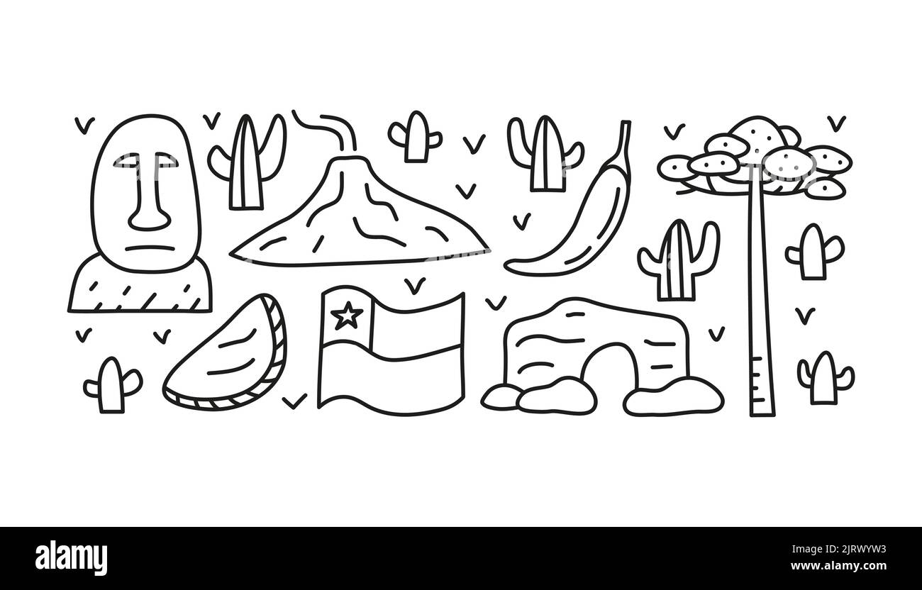 Groupe de doodle contour Chili icônes y compris la statue de l'île de Pâques, volcan Villarrica, drapeau, empanadas, piment, araucaria arbre, cactus isolat Illustration de Vecteur