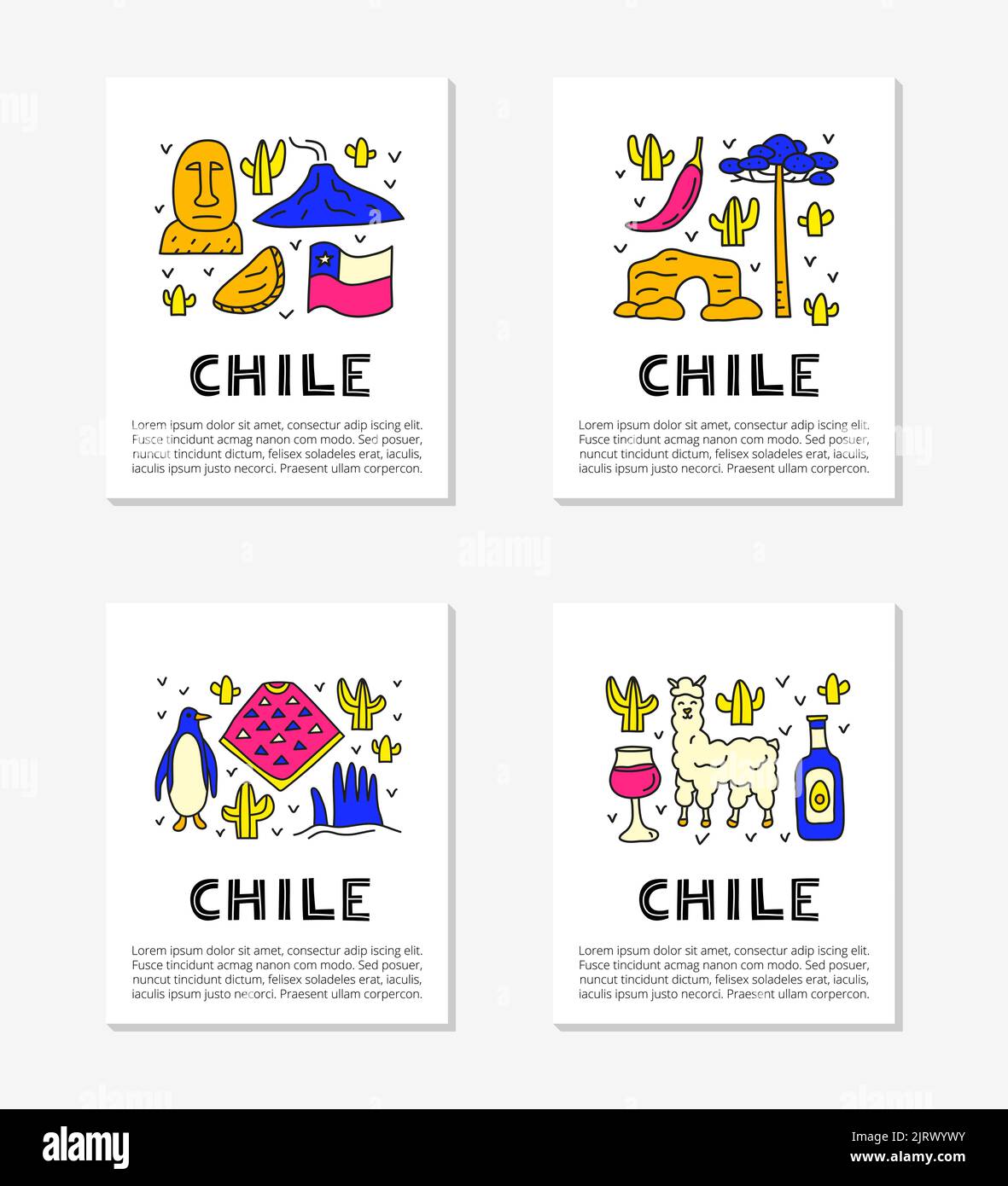 Cartes avec lettrage et des icônes chiliennes colorées, y compris la statue de l'île de Pâques, le volcan Villarrica, l'arbre d'araucaria, empanadas, pingouin, poncho, al Illustration de Vecteur