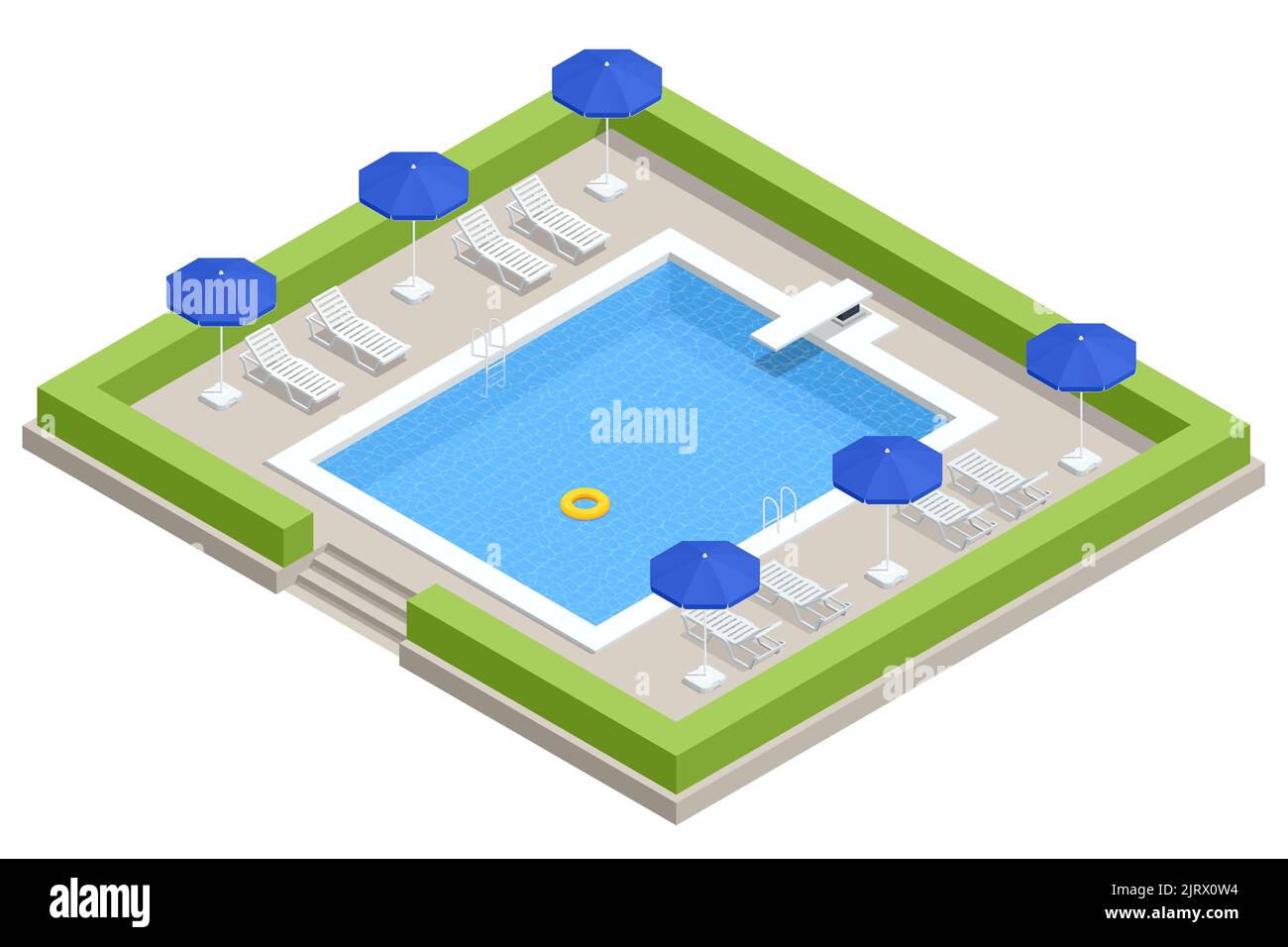 Piscine isométrique avec escalier et chaises longues. Piscine à la maison dans le jardin et la terrasse. Concept de vacances d'été. Illustration de Vecteur