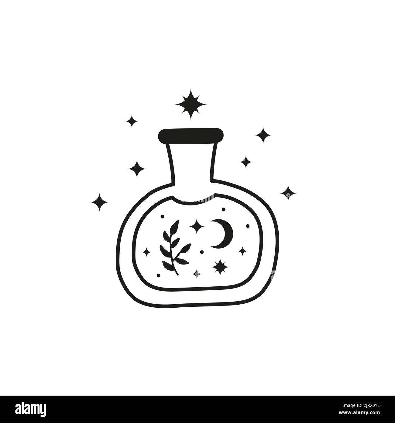 Potion magique noire dessinée à la main dans une bouteille en verre avec branche feuillue, étoiles et croissant de lune isolés sur fond blanc. Fiole d'alchimie. Icône sorcellerie. Illustration de Vecteur