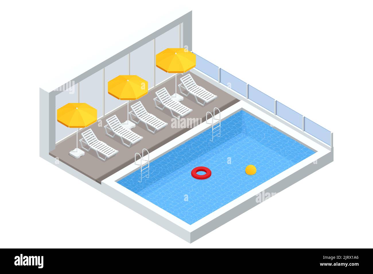 Piscine isométrique avec escalier et chaises longues. Piscine à la maison dans le jardin et la terrasse. Concept de vacances d'été. Illustration de Vecteur