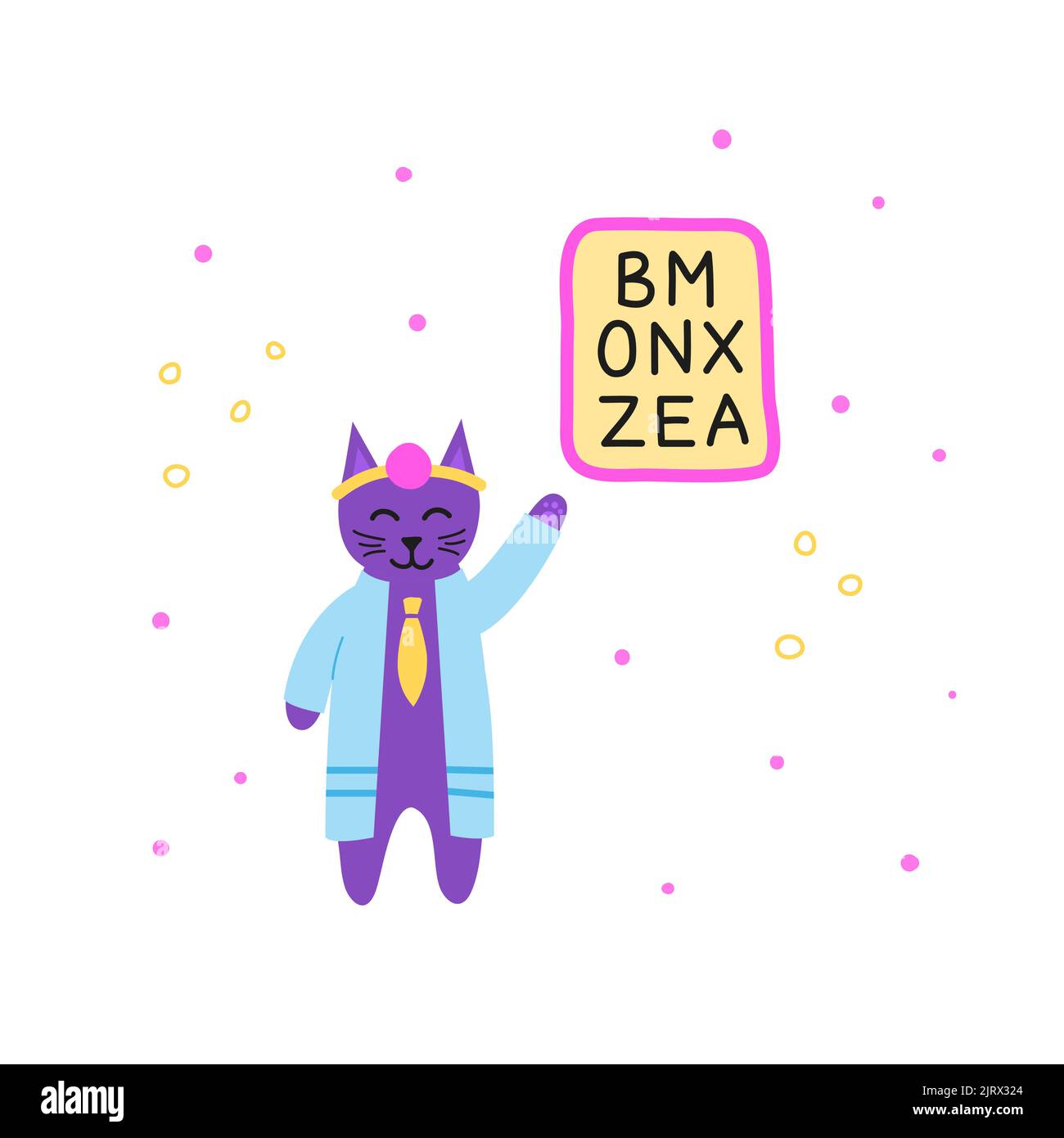 Mignon Doodle violet médecin octoculiste chat personnage dans un peignoir médical avec table à carreaux isolée sur fond blanc. Illustration de Vecteur