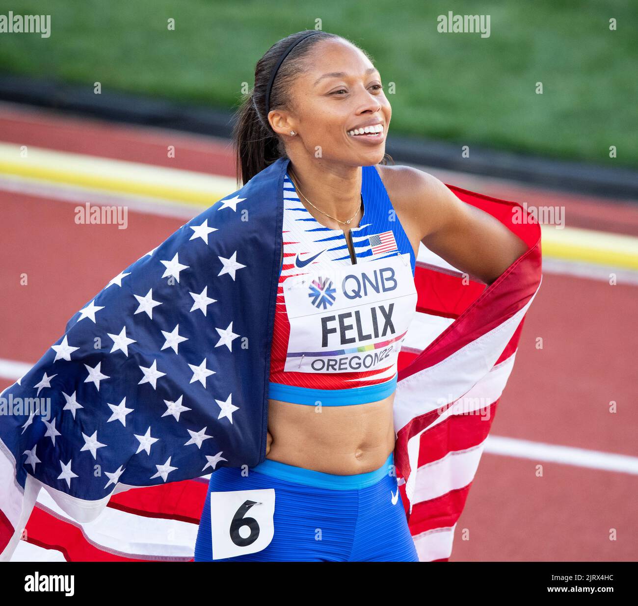 Allyson Felix des États-Unis Celebrate’s après avoir participé à la finale de relais mixte aux Championnats du monde d’athlétisme, Hayward Field, Eugene, Oregon États-Unis Banque D'Images