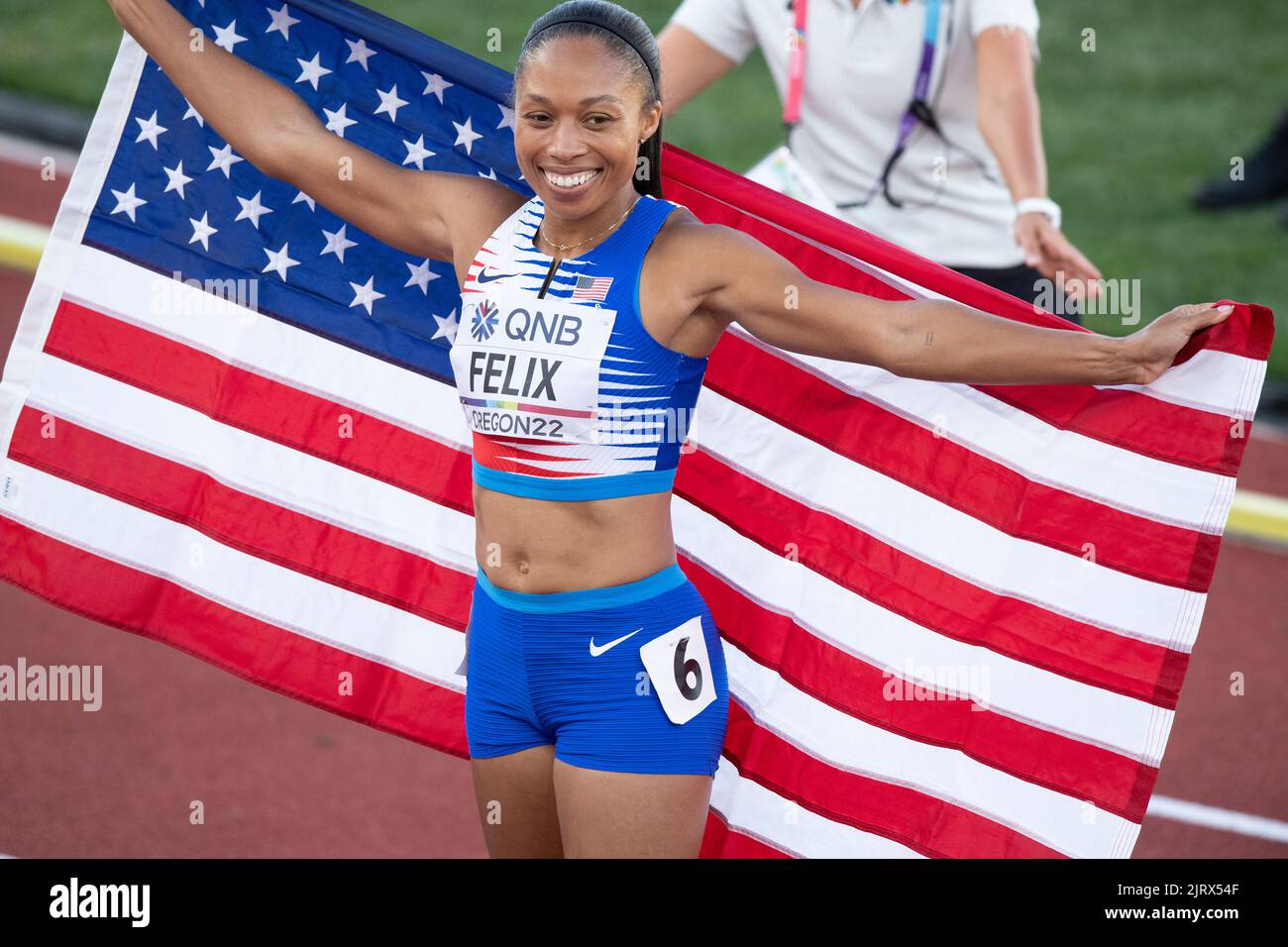 Allyson Felix des États-Unis Celebrate’s après avoir participé à la finale de relais mixte aux Championnats du monde d’athlétisme, Hayward Field, Eugene, Oregon États-Unis Banque D'Images