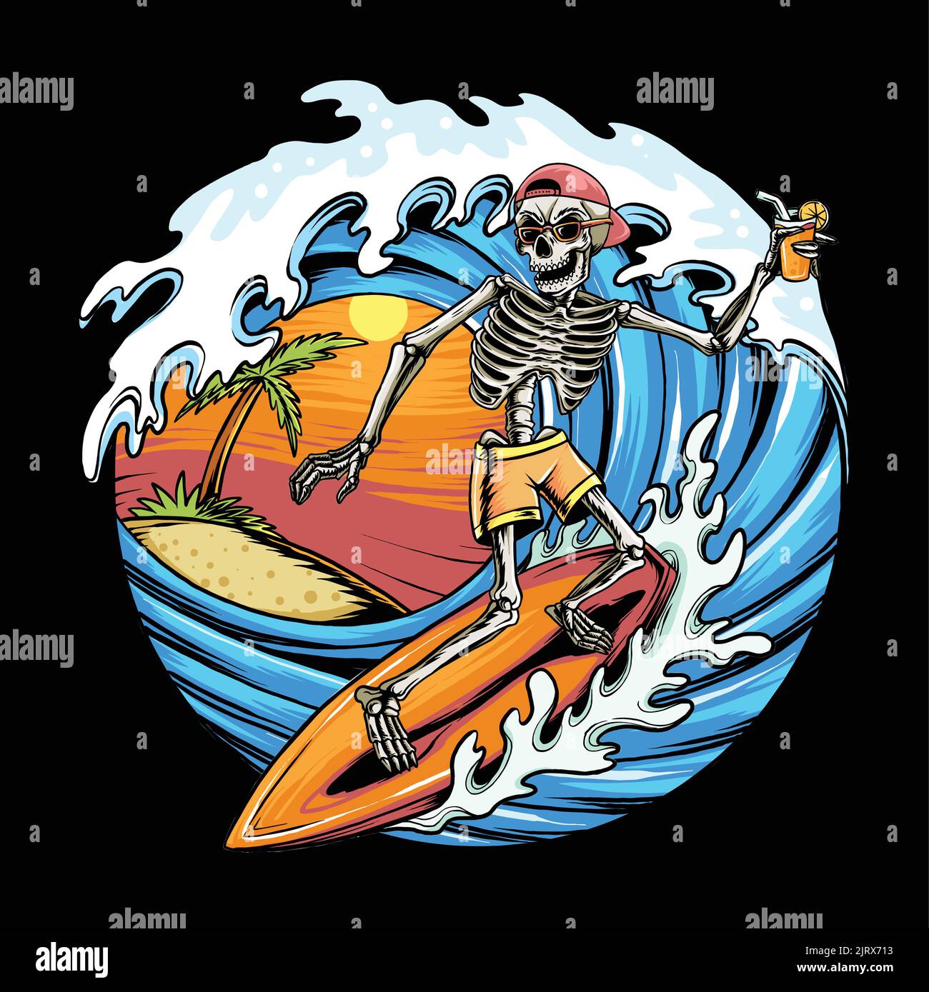 Skull été surf sur la plage vecteur. Art vectoriel Illustration de Vecteur