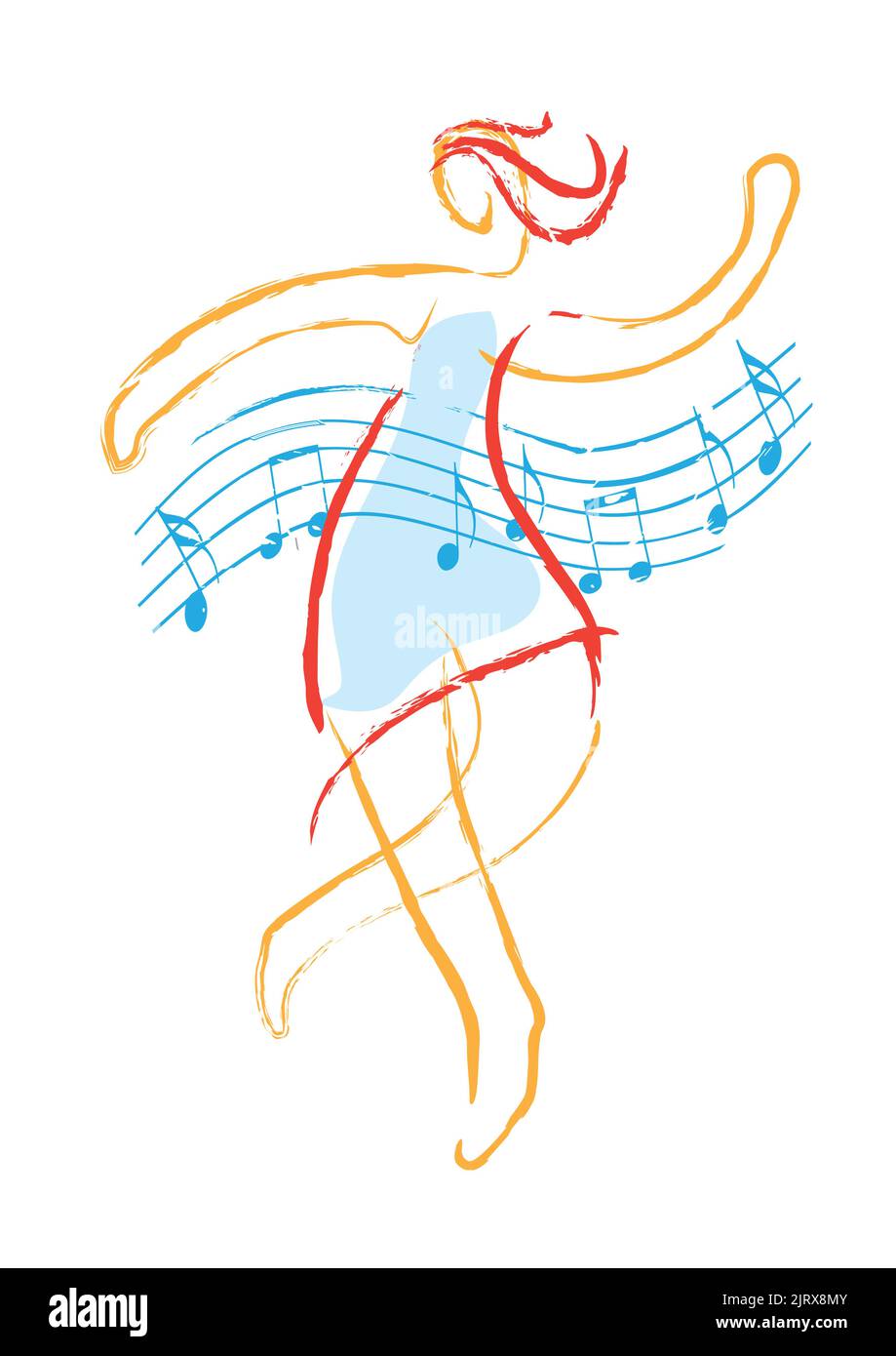 Thème musical avec belle fille dansante. Expressif, art de ligne illustrations stylisées de la danse jeune femme avec des notes de musique ondulées. Illustration de Vecteur