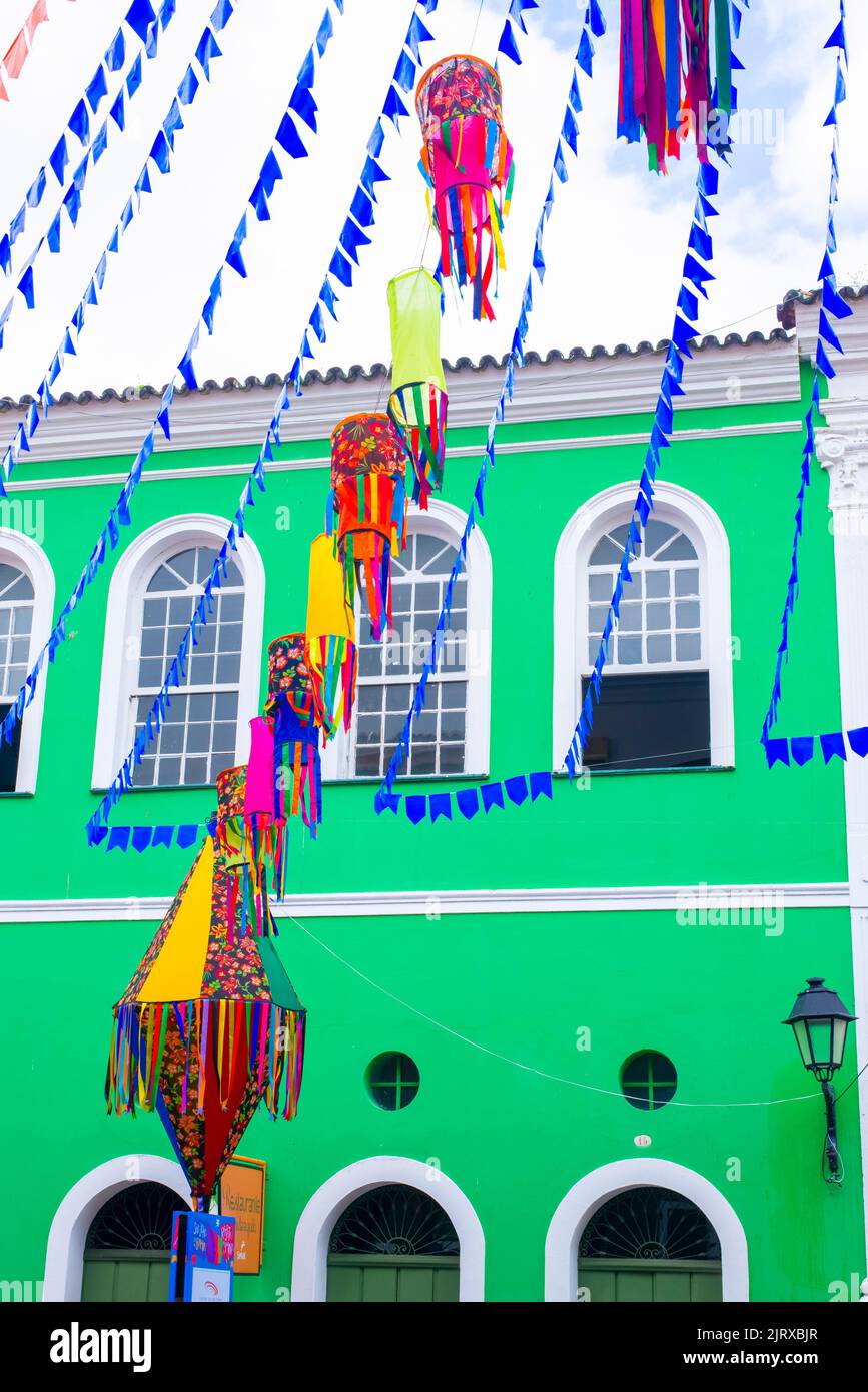 Une décoration de Pillory, Festival de Sao Joao, Centre historique de Salvador, Bahia Banque D'Images