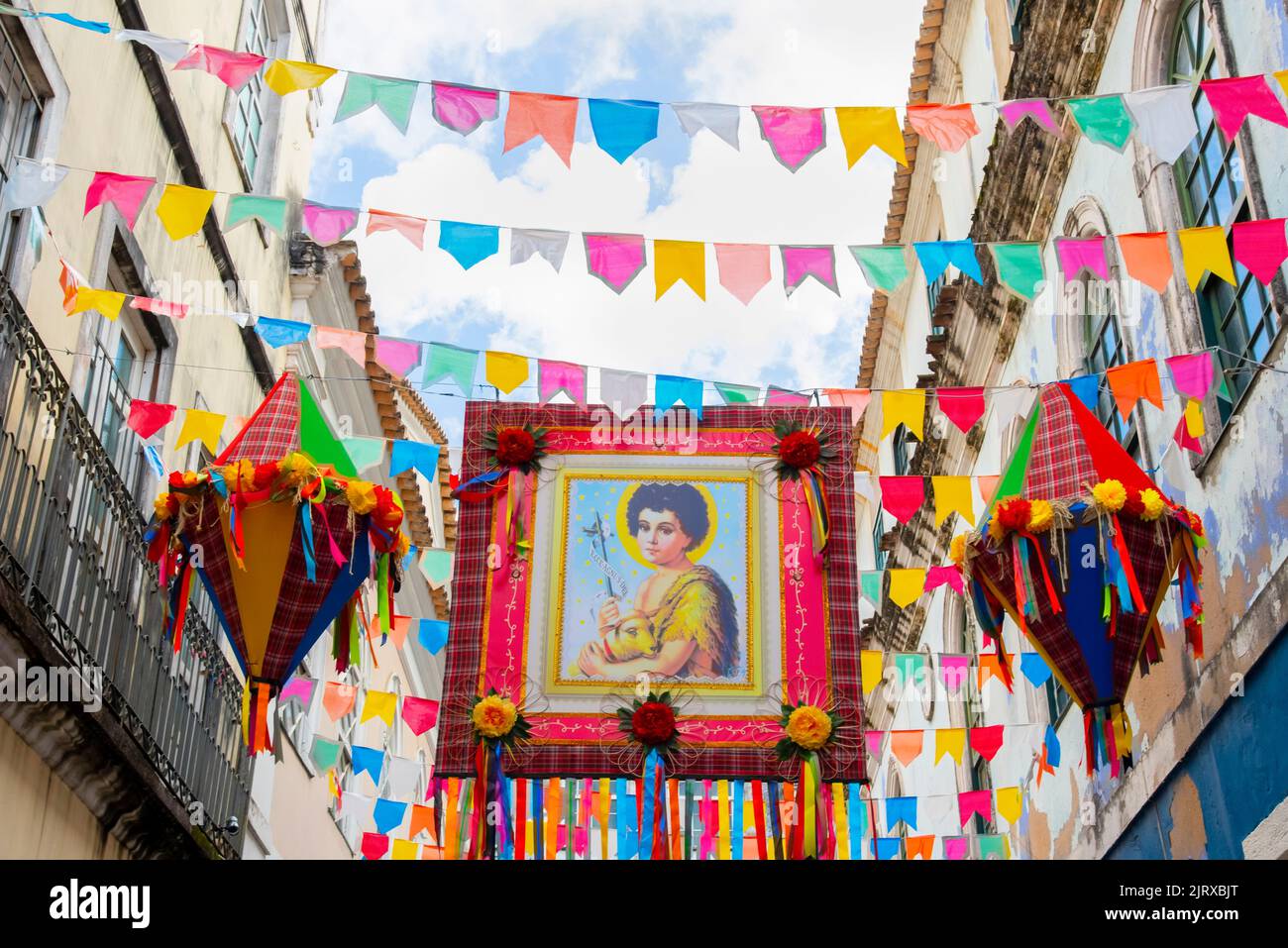 Une décoration de Pillory, Festival de Sao Joao, Centre historique de Salvador, Bahia Banque D'Images