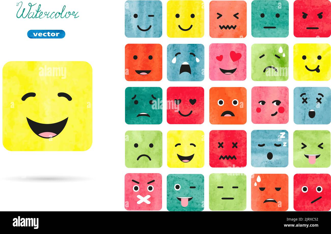 Jeu d'émoticônes aquarelle. Collection vectorielle de symboles d'émotions. Illustration colorée Illustration de Vecteur