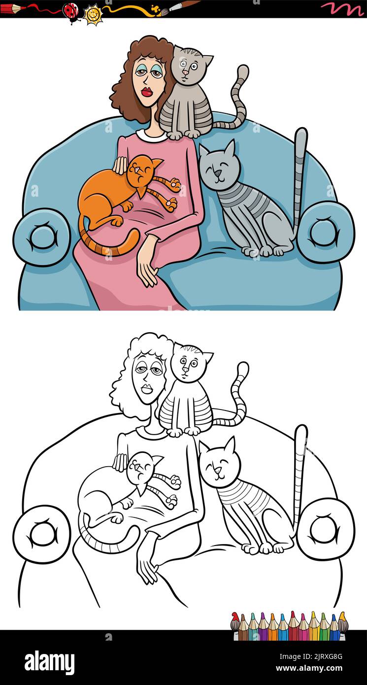 Illustration de dessin animé de la femme avec leurs chats sur la page de coloriage du canapé Illustration de Vecteur