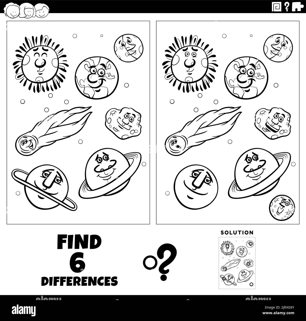 Dessin animé noir et blanc illustration de trouver les différences entre les images jeu éducatif avec des planètes et orbes caractères coloriage page Illustration de Vecteur