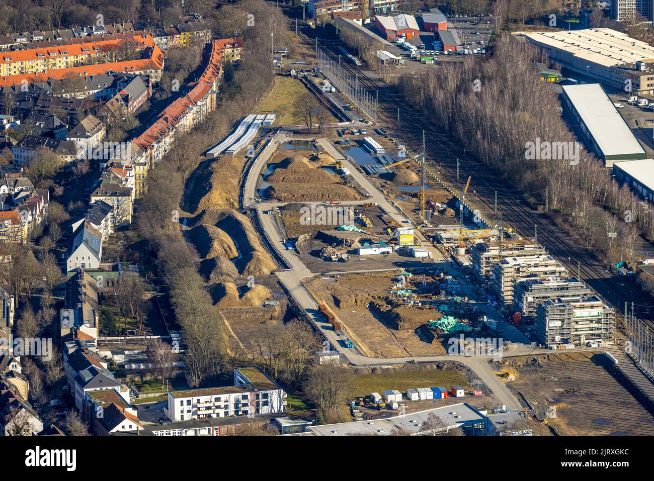 Vue aérienne, site de construction du quartier du prince héritier pour la construction de nouveaux appartements à la tour d'eau de la station sud, Westfendamm, Dortmund, région de Ruhr, Banque D'Images