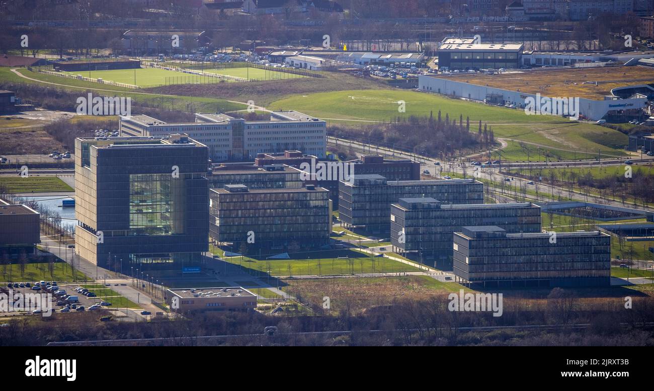 Vue aérienne, siège du groupe du quartier ThyssenKrupp dans le quartier ouest d'Essen, région de la Ruhr, Rhénanie-du-Nord-Westphalie, Allemagne, DE, Essen, Europe, comm Banque D'Images