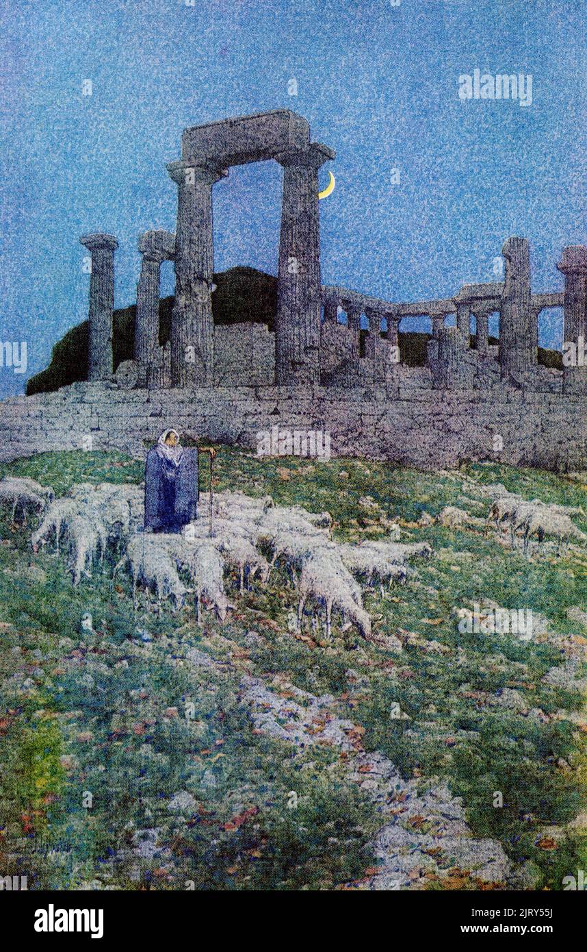 Le Temple d'Athena Aphaia à Aegina – par Jules Giuerin le Temple d'Aphaia a été dédié à la déesse Athena et est situé sur l'île d'Aegina, au sommet d'une colline. L'une des merveilles architecturales anciennes de la Grèce antique, il a été construit en 480 av. J.-C. et 25 des 32 colonnes doriques d'origine se tiennent encore en raison de la compétence des restaurateurs. Il est situé dans un complexe Sanctuaire à Aegina. Jules Guérin 1866–1946) était un muraliste, un délimitateur architectural et un illustrateur américain. Peintre et illustrateur de magazine largement publié, il a gagné en importance pour ses travaux d'architecture comme en 190 Banque D'Images