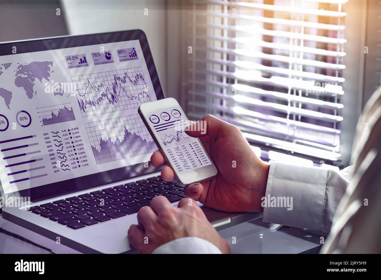 Tableau de bord de l'analyse d'entreprise sur la technologie de l'ordinateur et l'écran du smartphone avec indicateur de performance clé (KPI) sur opérations financières statistiques une Banque D'Images