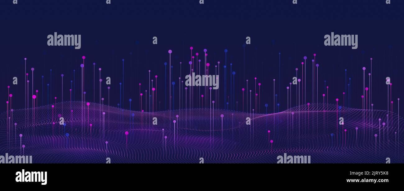 Visualisation des Big Data. Design futuriste du flux de données. Arrière-plan numérique abstrait avec particules fluides. Arrière-plan numérique abstrait avec Waves, li Banque D'Images