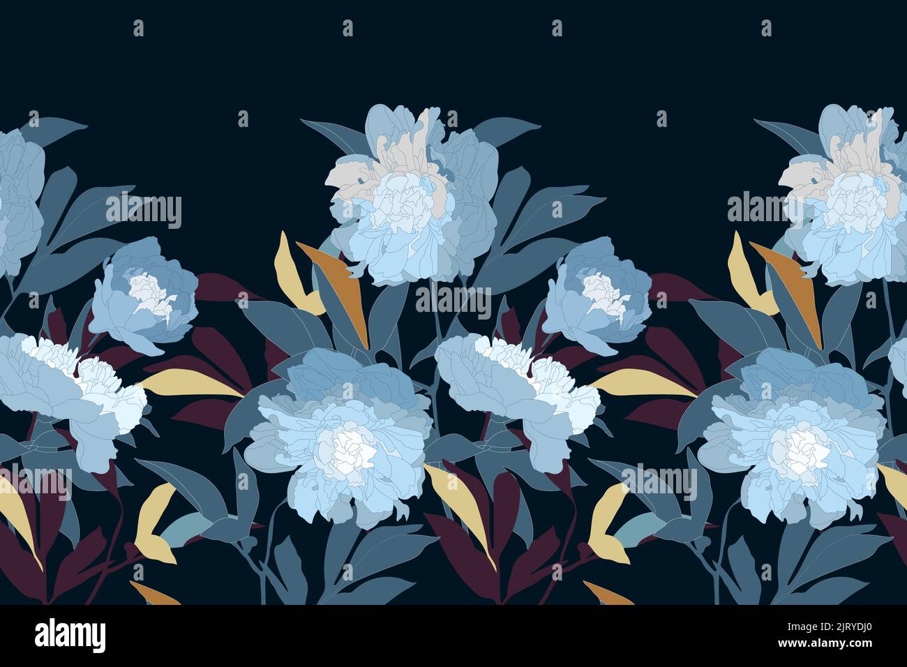 Motif fleuri vectoriel sans couture, bordure. Design panoramique horizontal avec pivoines bleues sur fond bleu foncé. Illustration de Vecteur