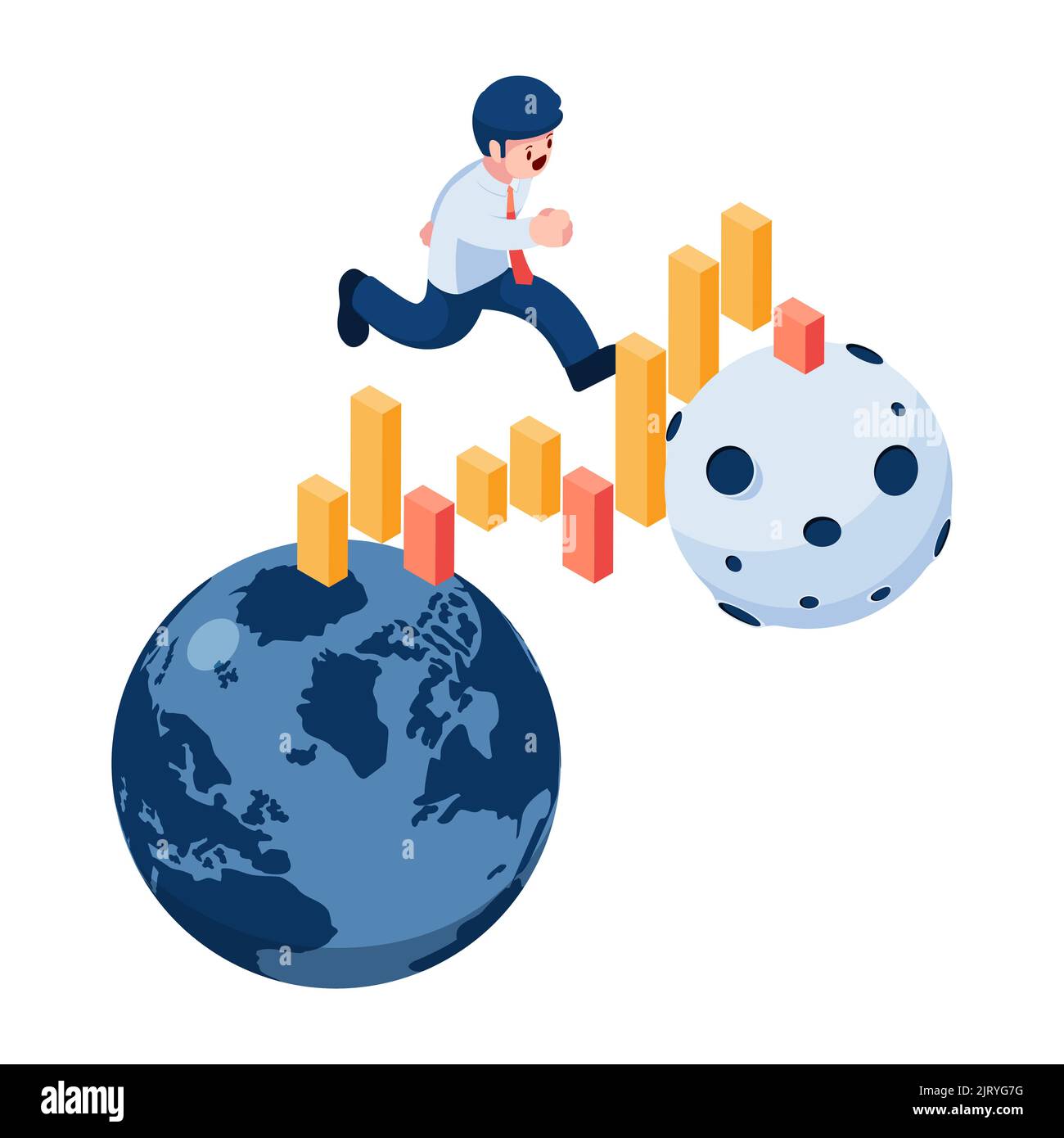 Plat 3D Isométrique homme d'affaires marchant sur le graphique tendance du monde à la Lune. Concept financier et d'investissement. Illustration de Vecteur