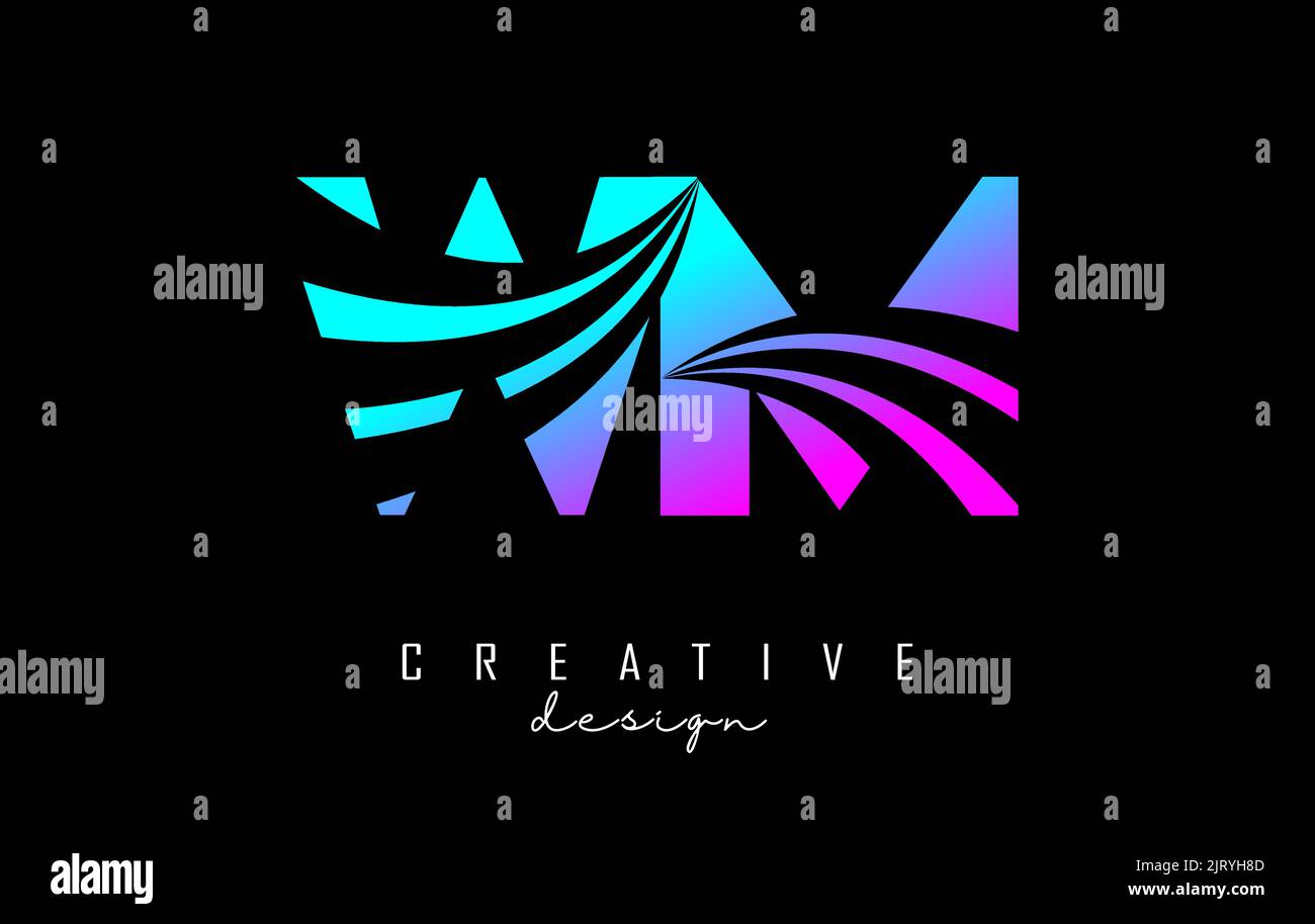 Logo WM avec lettre bleu et rose coloré avec lignes de pointe et design de route. Lettres à motif géométrique. Illustration vectorielle avec Illustration de Vecteur