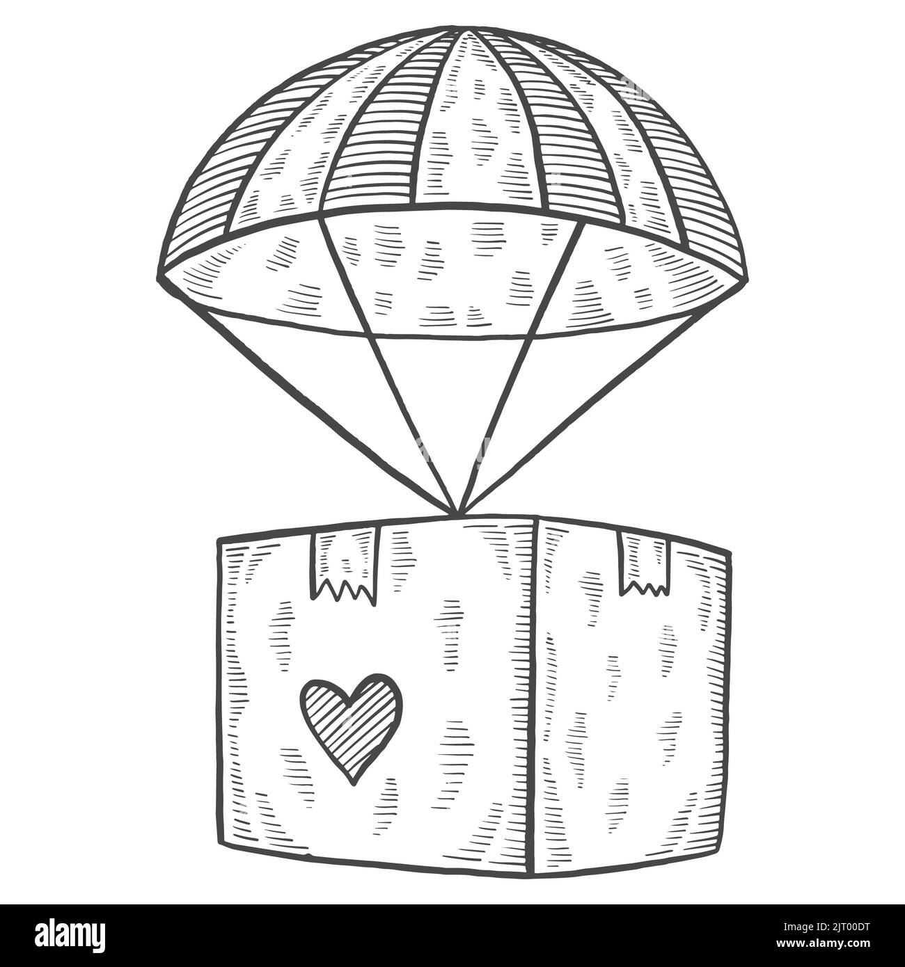 parachute boîte don charité humanitaire international jour isolé doodle croquis dessiné à la main avec illustration vectorielle style vecteur Banque D'Images