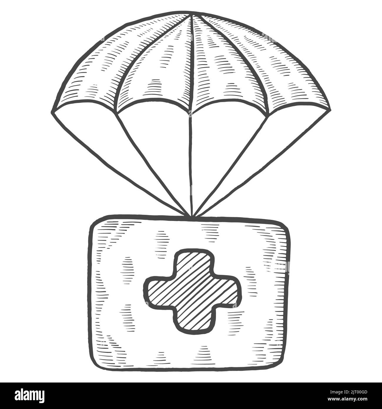 soins de santé parachute boîte de charité humanitaire international jour isolé doodle dessin dessiné à la main avec illustration vectorielle style vecteur Banque D'Images
