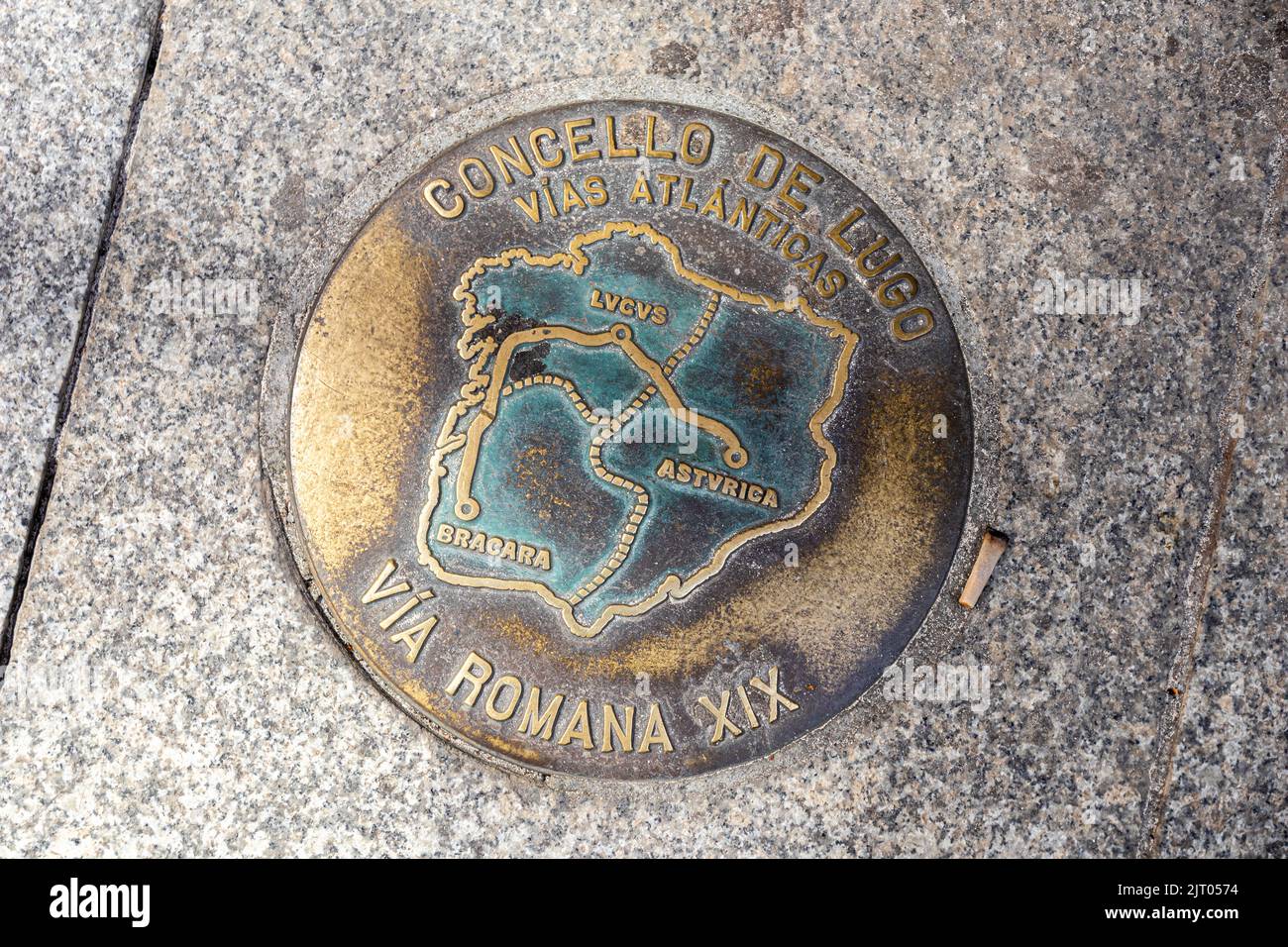 Lugo, Espagne. Signe de la via XIX, l'une des anciennes routes romaines qui reliaient Lucus Augusti, Bracara Augusta et Asturica Augusta Banque D'Images