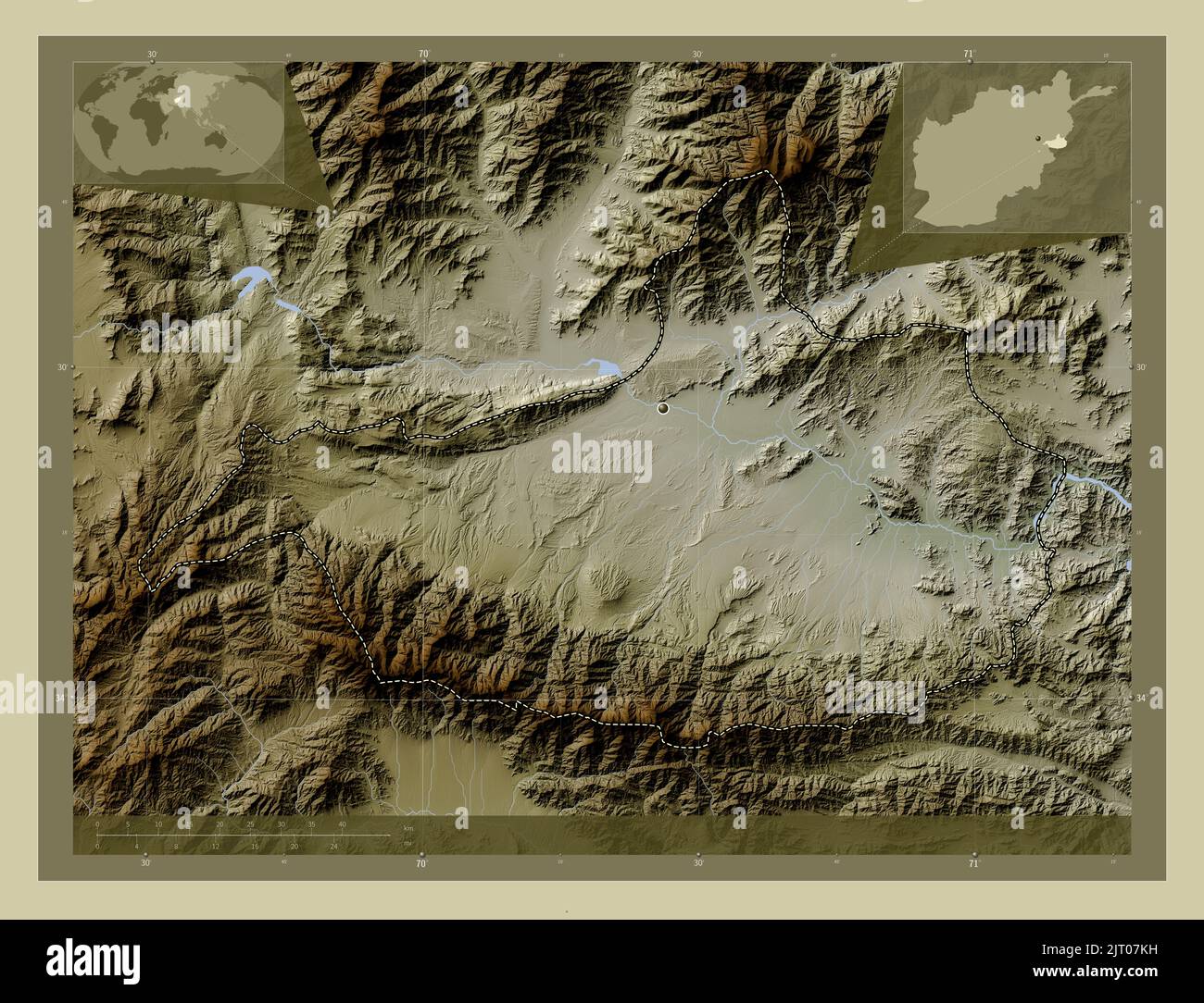 Nangarhar, province d'Afghanistan. Carte d'altitude colorée en style wiki avec lacs et rivières. Cartes d'emplacement auxiliaire d'angle Banque D'Images