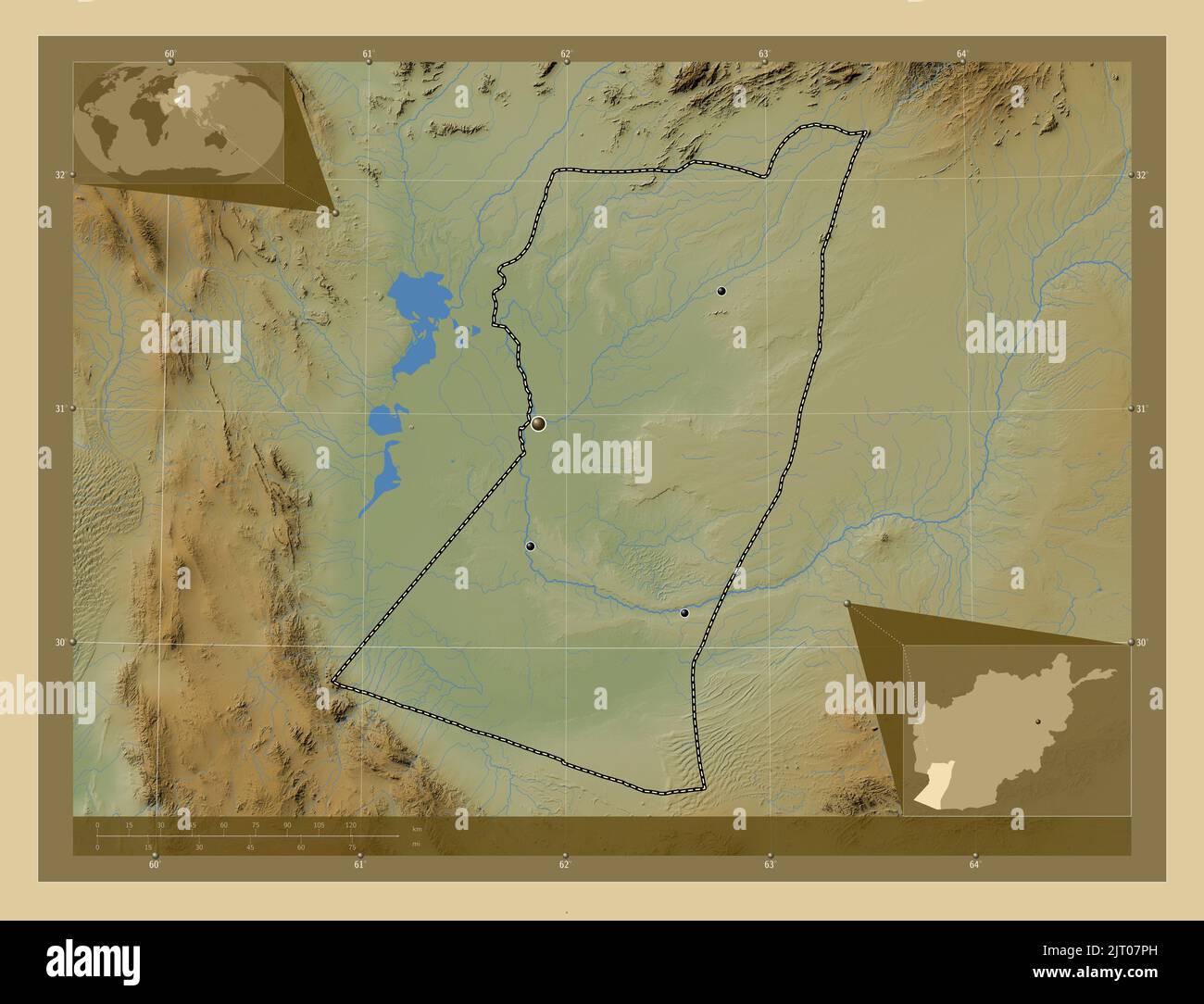 Nimroz, province d'Afghanistan. Carte d'altitude en couleur avec lacs et rivières. Lieux des principales villes de la région. Cartes d'emplacement auxiliaire d'angle Banque D'Images